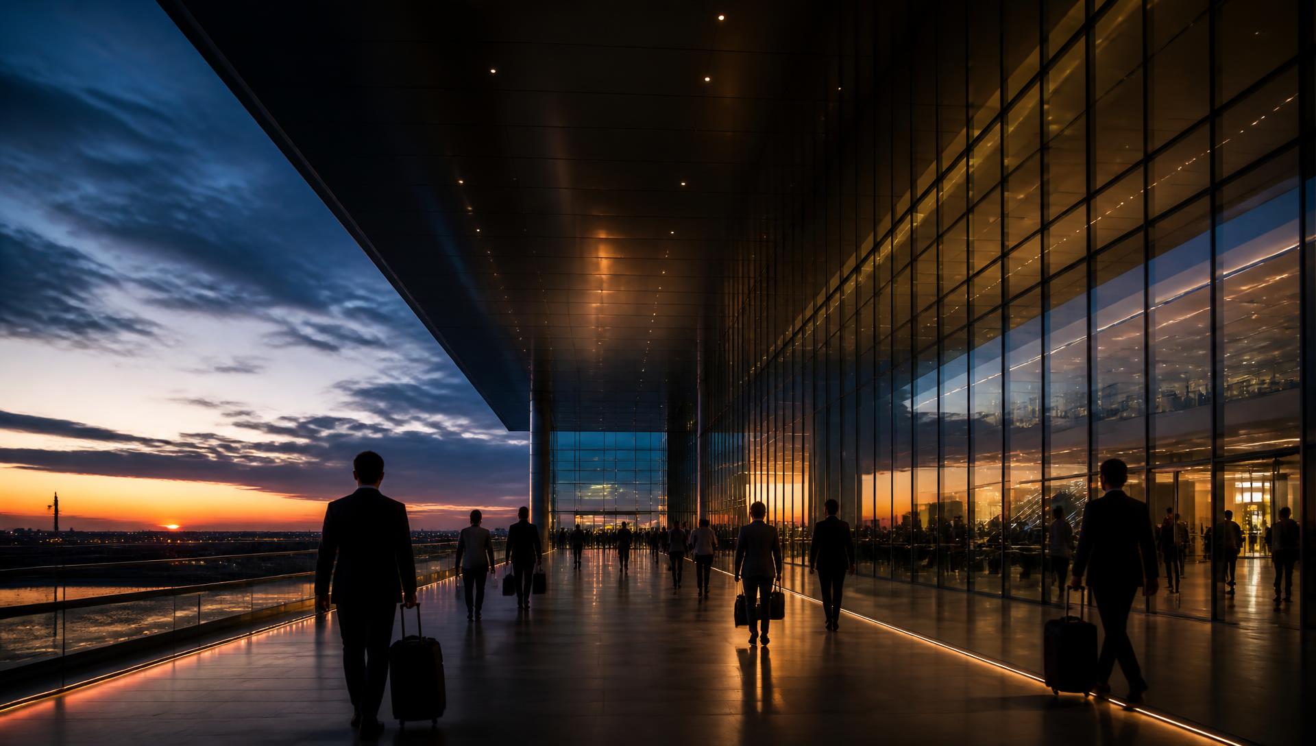Business travellers arriving at a modern exhibition centre at dusk